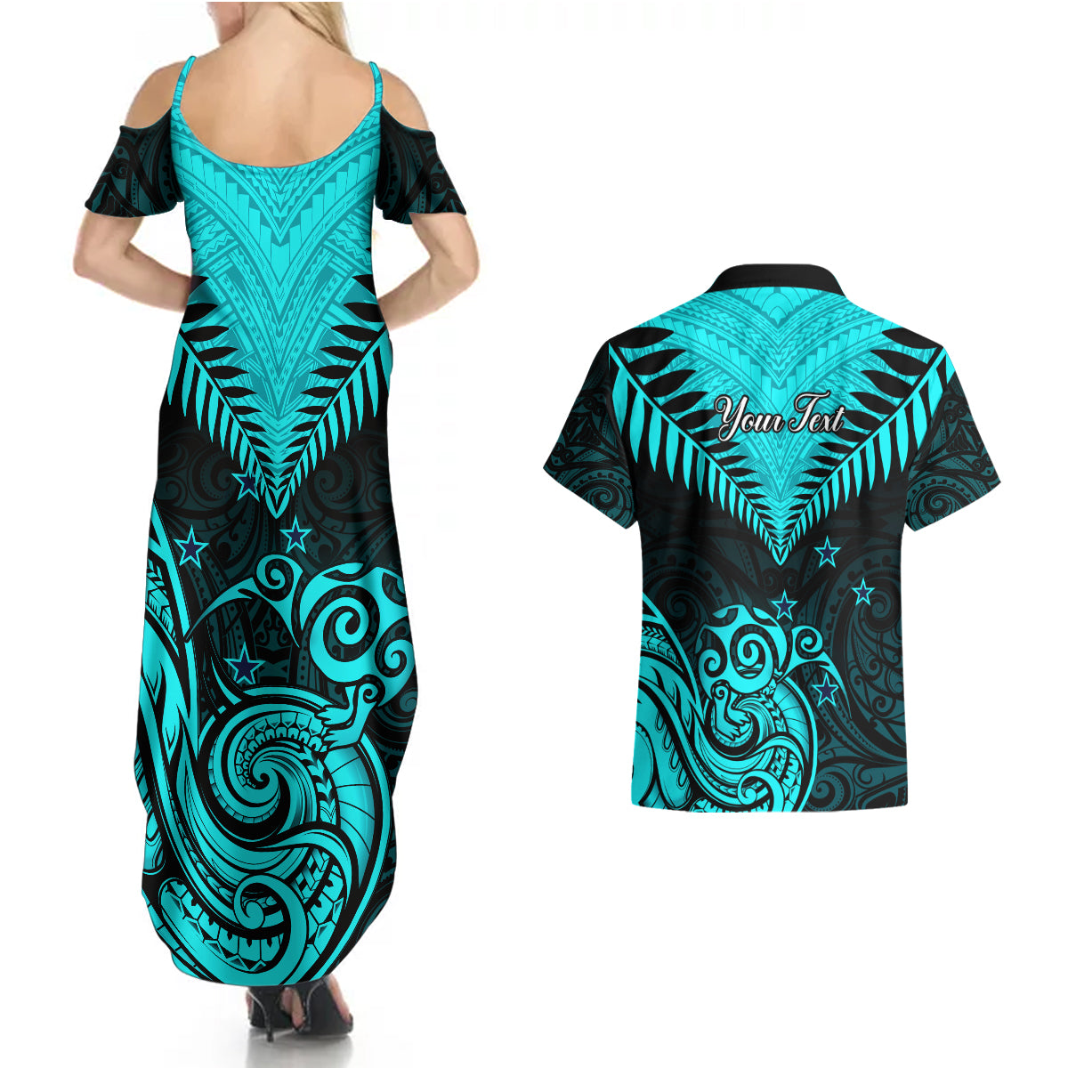 Personalised Aotearoa Couples Matching Summer Maxi Dress and Hawaiian Shirt Maori Kiwi Turquoise Fern - Wonder Print Shop