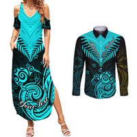 Personalised Aotearoa Couples Matching Summer Maxi Dress and Long Sleeve Button Shirts Maori Kiwi Turquoise Fern - Wonder Print Shop