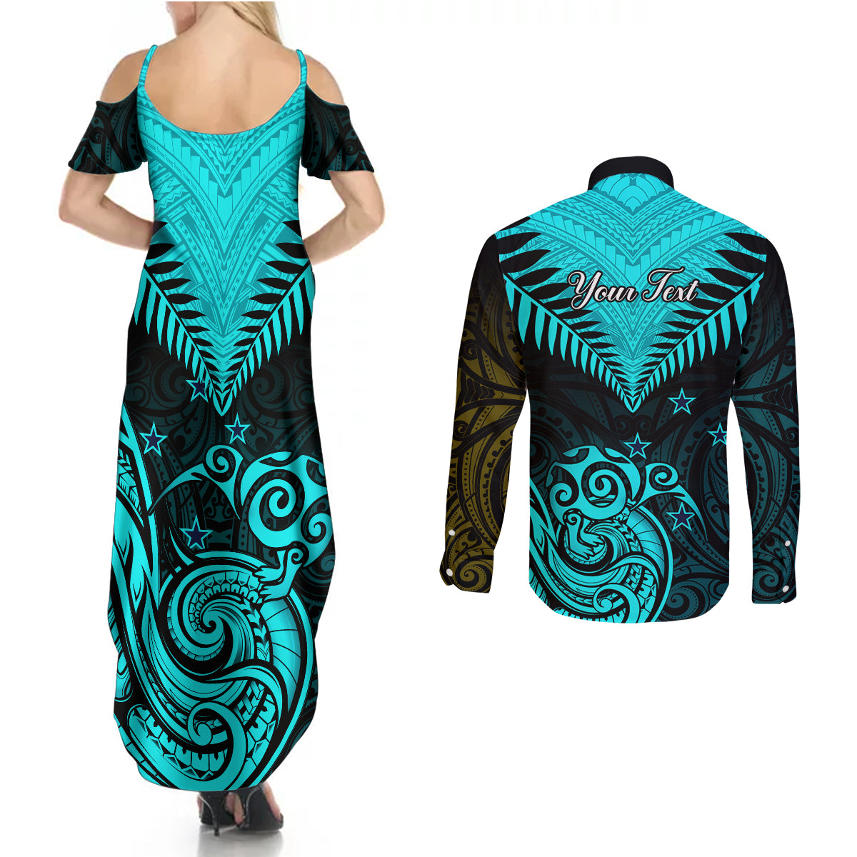 Personalised Aotearoa Couples Matching Summer Maxi Dress and Long Sleeve Button Shirts Maori Kiwi Turquoise Fern - Wonder Print Shop
