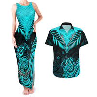 Personalised Aotearoa Couples Matching Tank Maxi Dress And Hawaiian Shirt Maori Kiwi Turquoise Fern - Wonder Print Shop