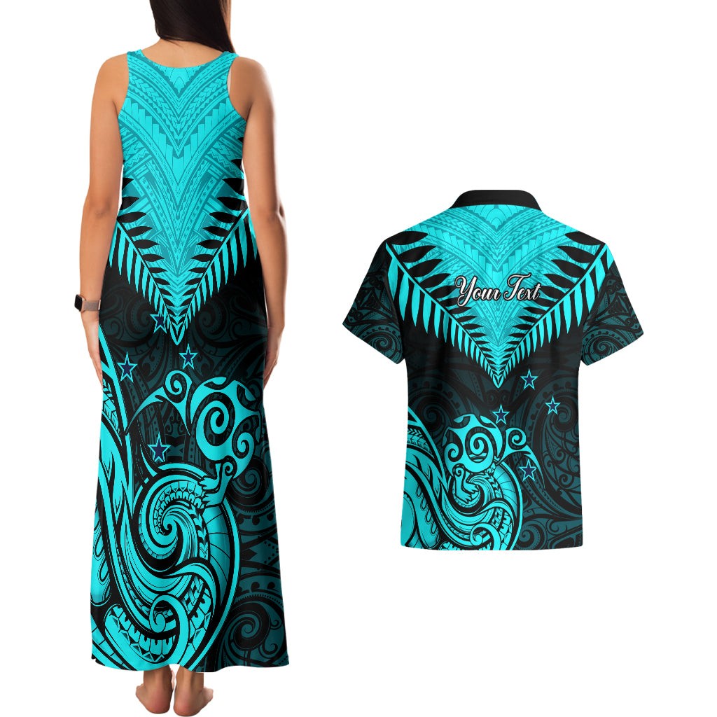 Personalised Aotearoa Couples Matching Tank Maxi Dress And Hawaiian Shirt Maori Kiwi Turquoise Fern - Wonder Print Shop