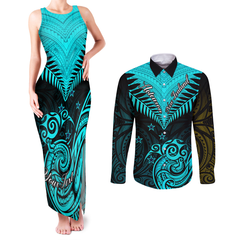 Personalised Aotearoa Couples Matching Tank Maxi Dress and Long Sleeve Button Shirts Maori Kiwi Turquoise Fern - Wonder Print Shop