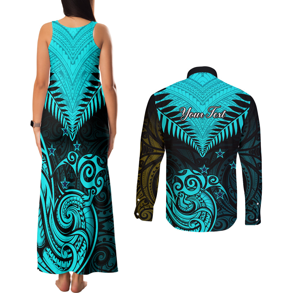Personalised Aotearoa Couples Matching Tank Maxi Dress and Long Sleeve Button Shirts Maori Kiwi Turquoise Fern - Wonder Print Shop