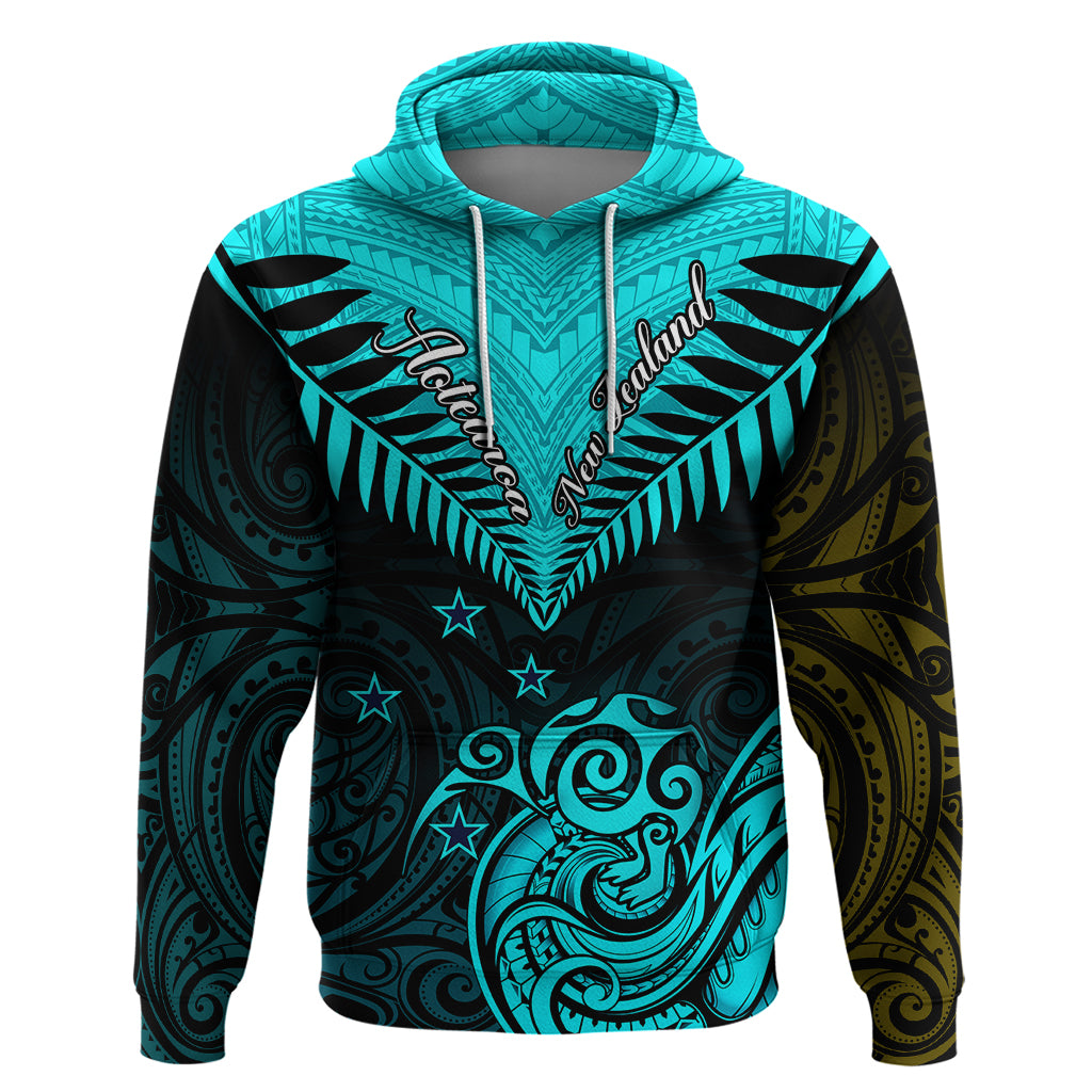 Personalised Aotearoa Hoodie Maori Kiwi Turquoise Fern - Wonder Print Shop