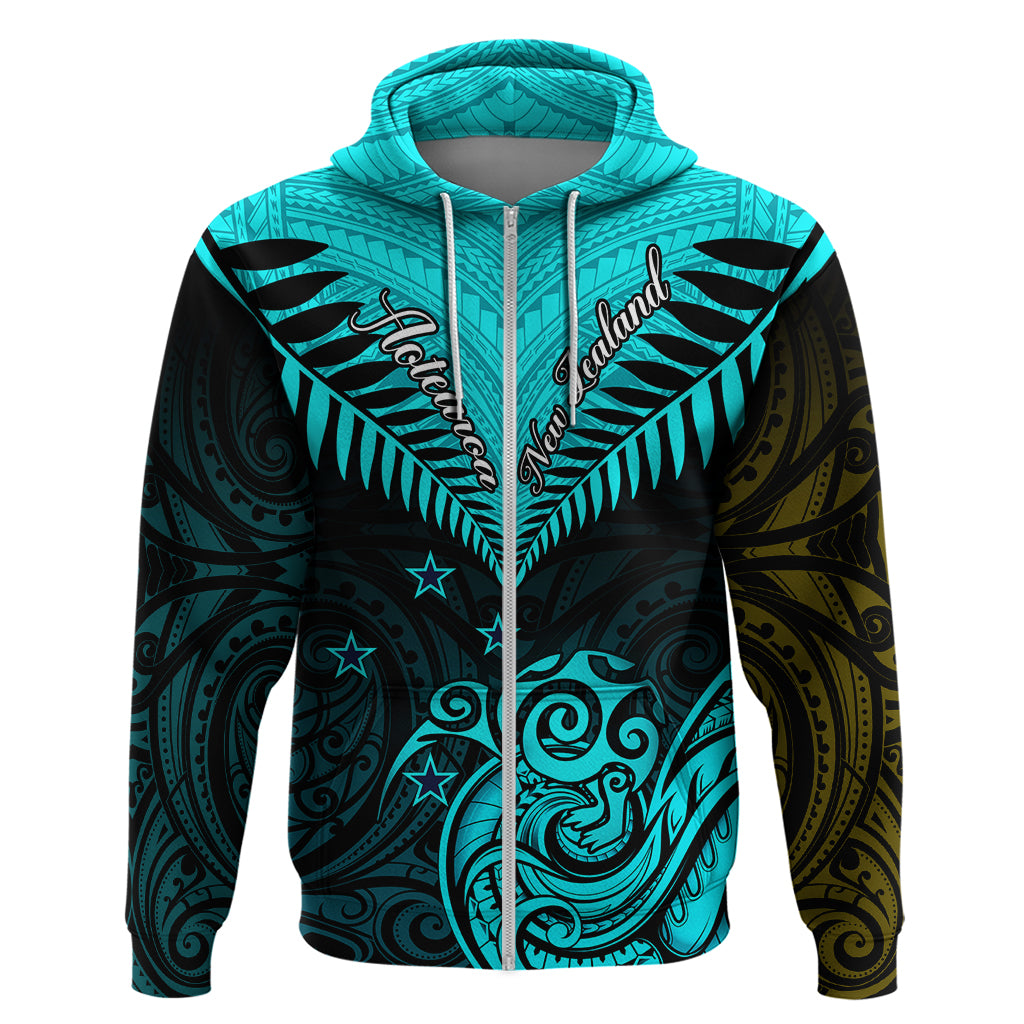 Personalised Aotearoa Hoodie Maori Kiwi Turquoise Fern - Wonder Print Shop