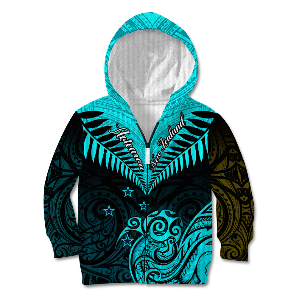 Personalised Aotearoa Kid Hoodie Maori Kiwi Turquoise Fern - Wonder Print Shop