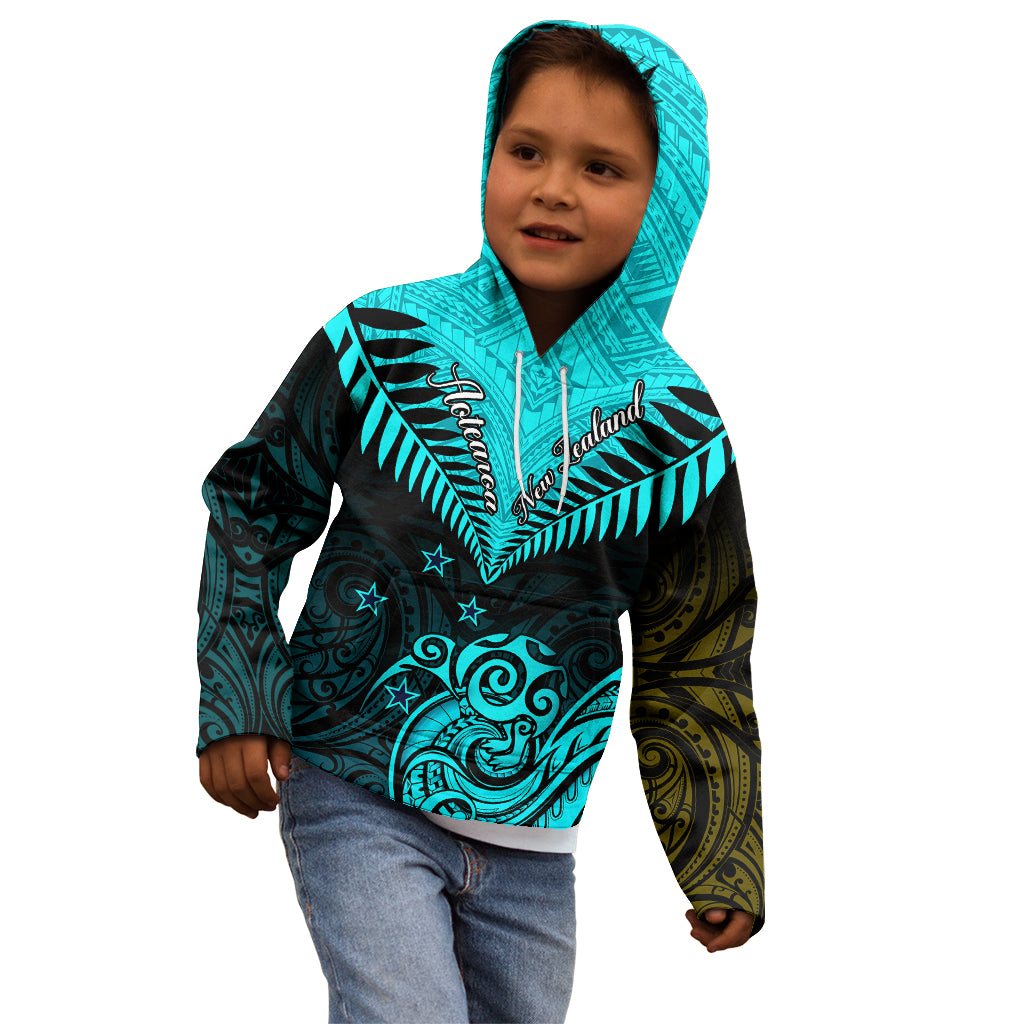 Personalised Aotearoa Kid Hoodie Maori Kiwi Turquoise Fern - Wonder Print Shop