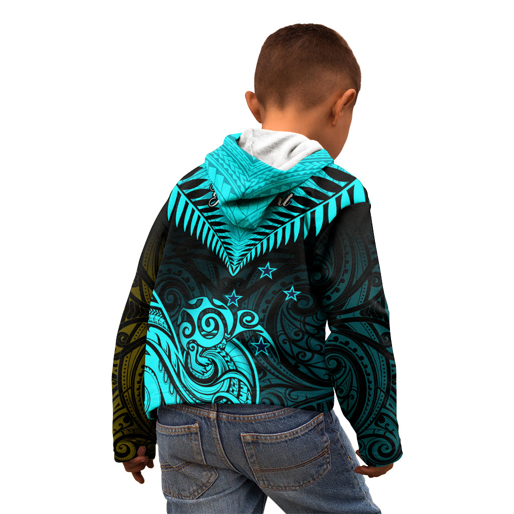 Personalised Aotearoa Kid Hoodie Maori Kiwi Turquoise Fern - Wonder Print Shop