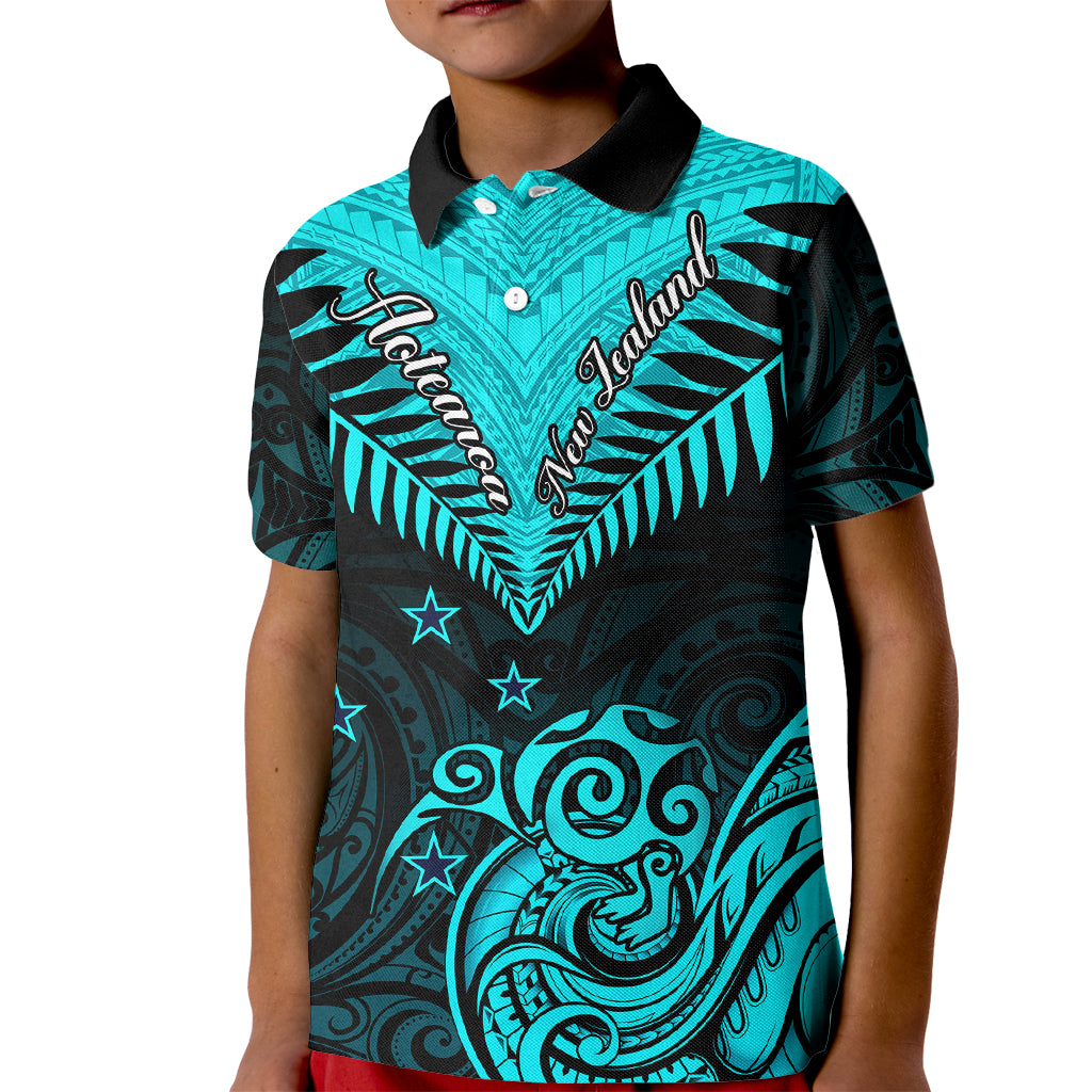 Personalised Aotearoa Kid Polo Shirt Maori Kiwi Turquoise Fern - Wonder Print Shop