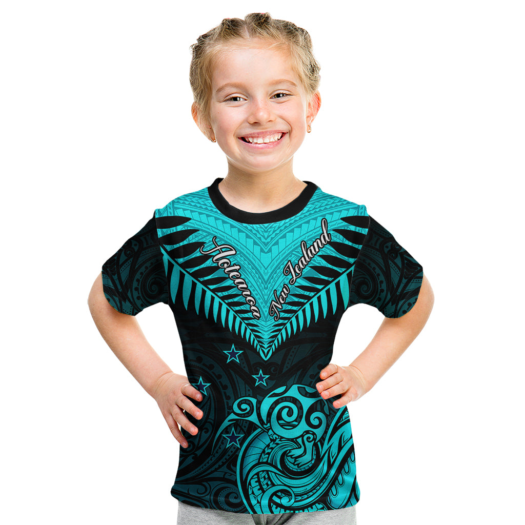 Personalised Aotearoa Kid T Shirt Maori Kiwi Turquoise Fern - Wonder Print Shop