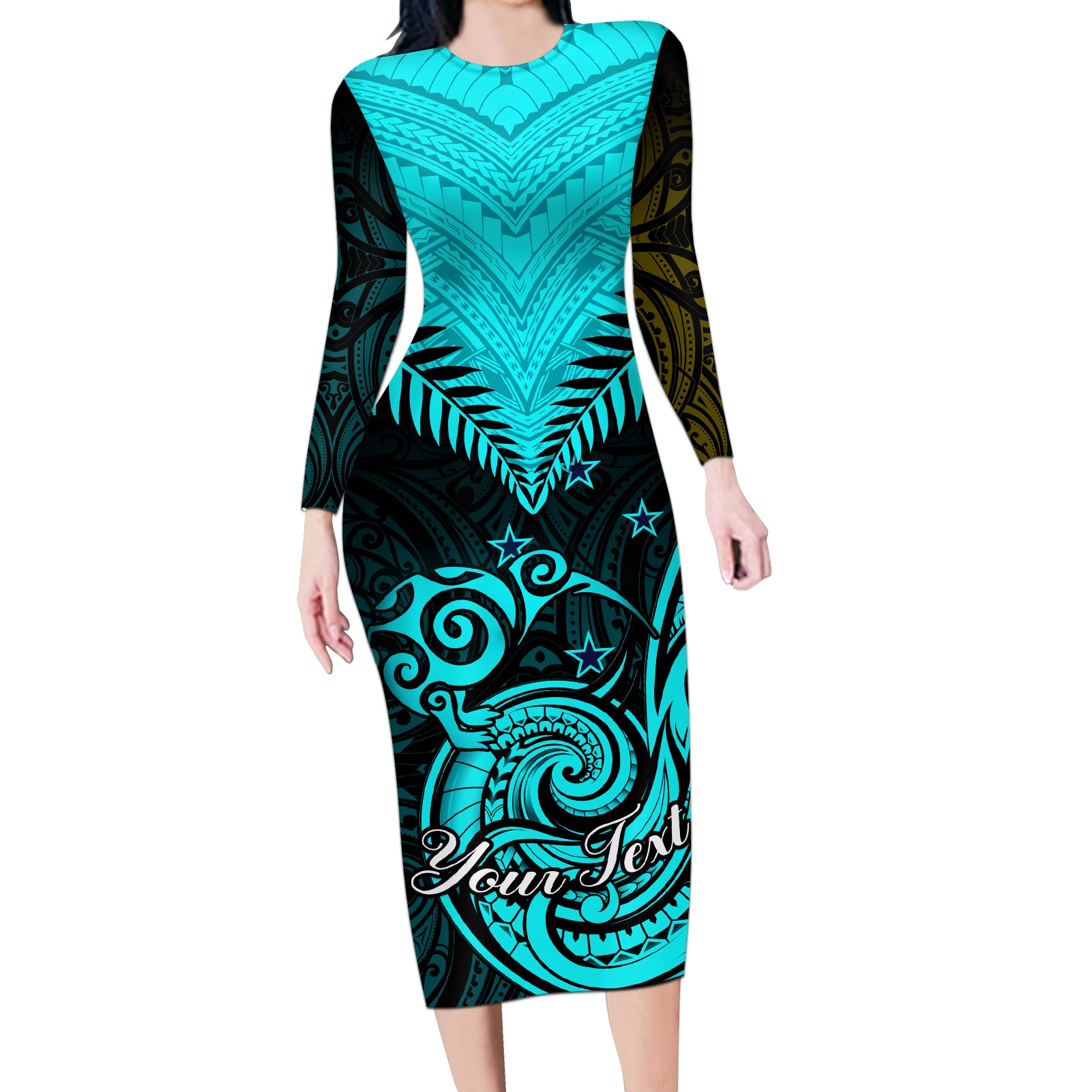 Personalised Aotearoa Long Sleeve Bodycon Dress Maori Kiwi Turquoise Fern - Wonder Print Shop