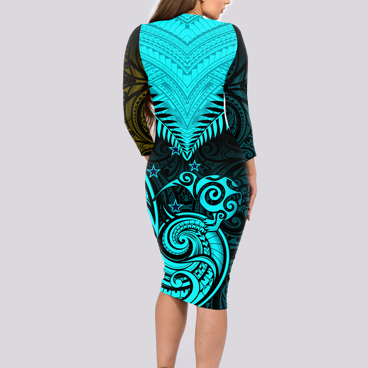 Personalised Aotearoa Long Sleeve Bodycon Dress Maori Kiwi Turquoise Fern - Wonder Print Shop