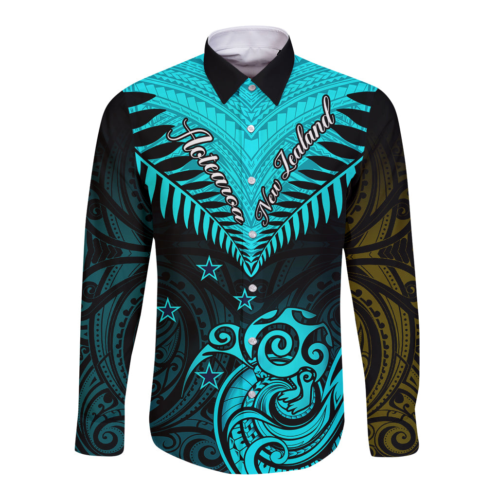 Personalised Aotearoa Long Sleeve Button Shirt Maori Kiwi Turquoise Fern - Wonder Print Shop