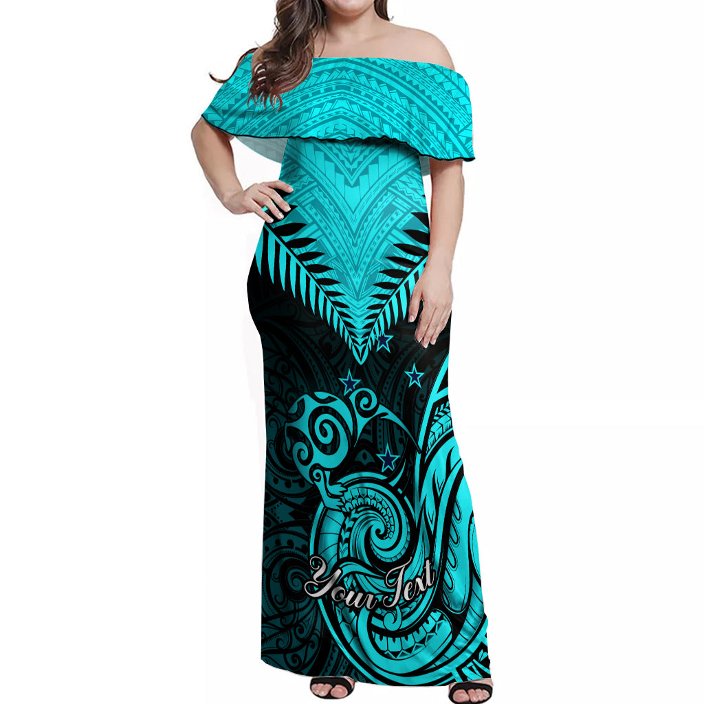 Personalised Aotearoa Off Shoulder Maxi Dress Maori Kiwi Turquoise Fern - Wonder Print Shop