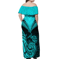 Personalised Aotearoa Off Shoulder Maxi Dress Maori Kiwi Turquoise Fern - Wonder Print Shop