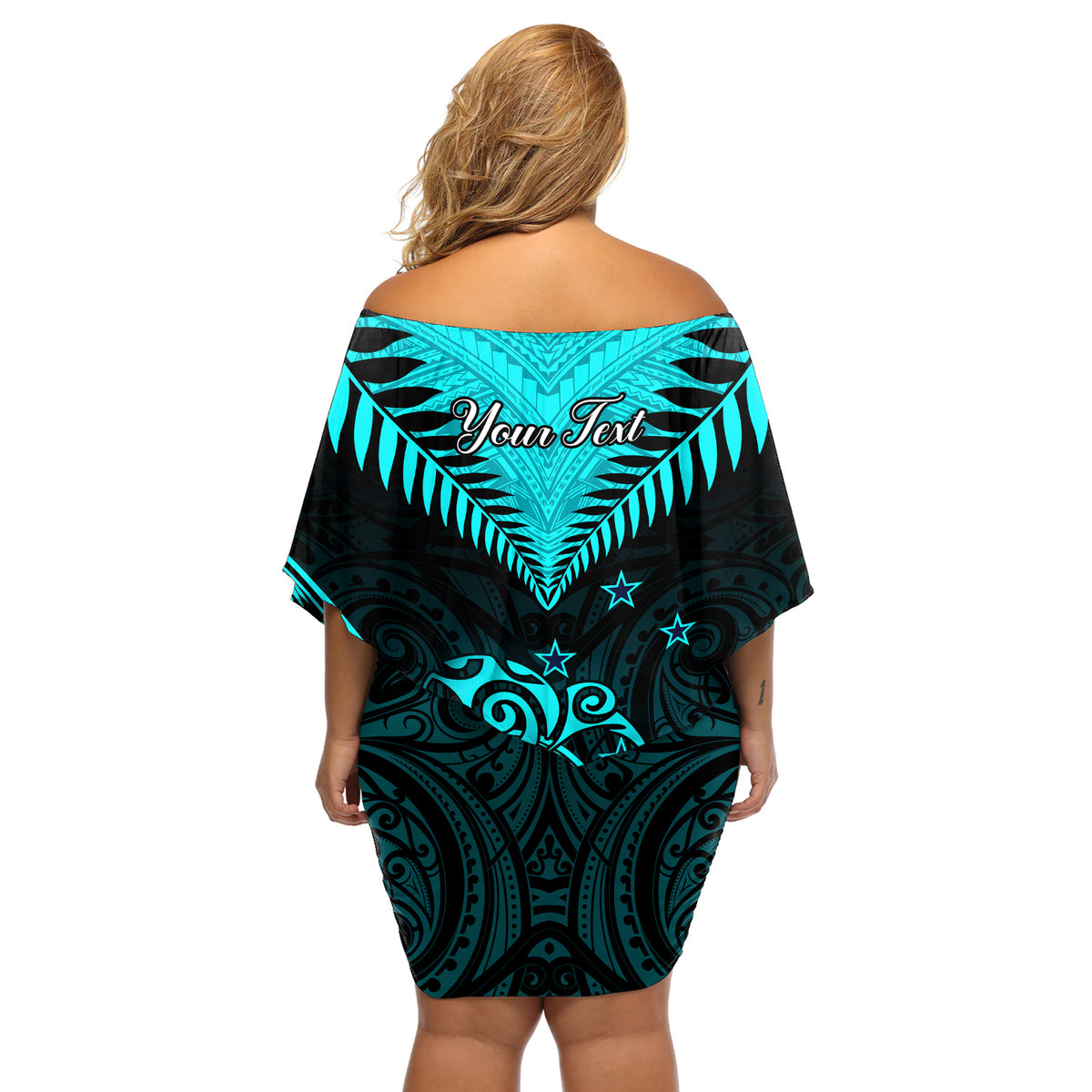 Personalised Aotearoa Off Shoulder Short Dress Maori Kiwi Turquoise Fern - Wonder Print Shop