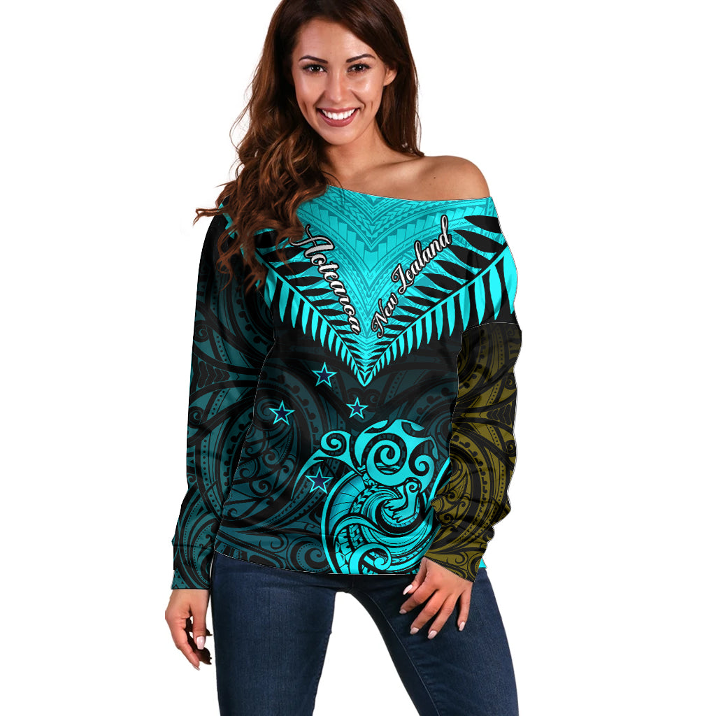 Personalised Aotearoa Off Shoulder Sweater Maori Kiwi Turquoise Fern - Wonder Print Shop