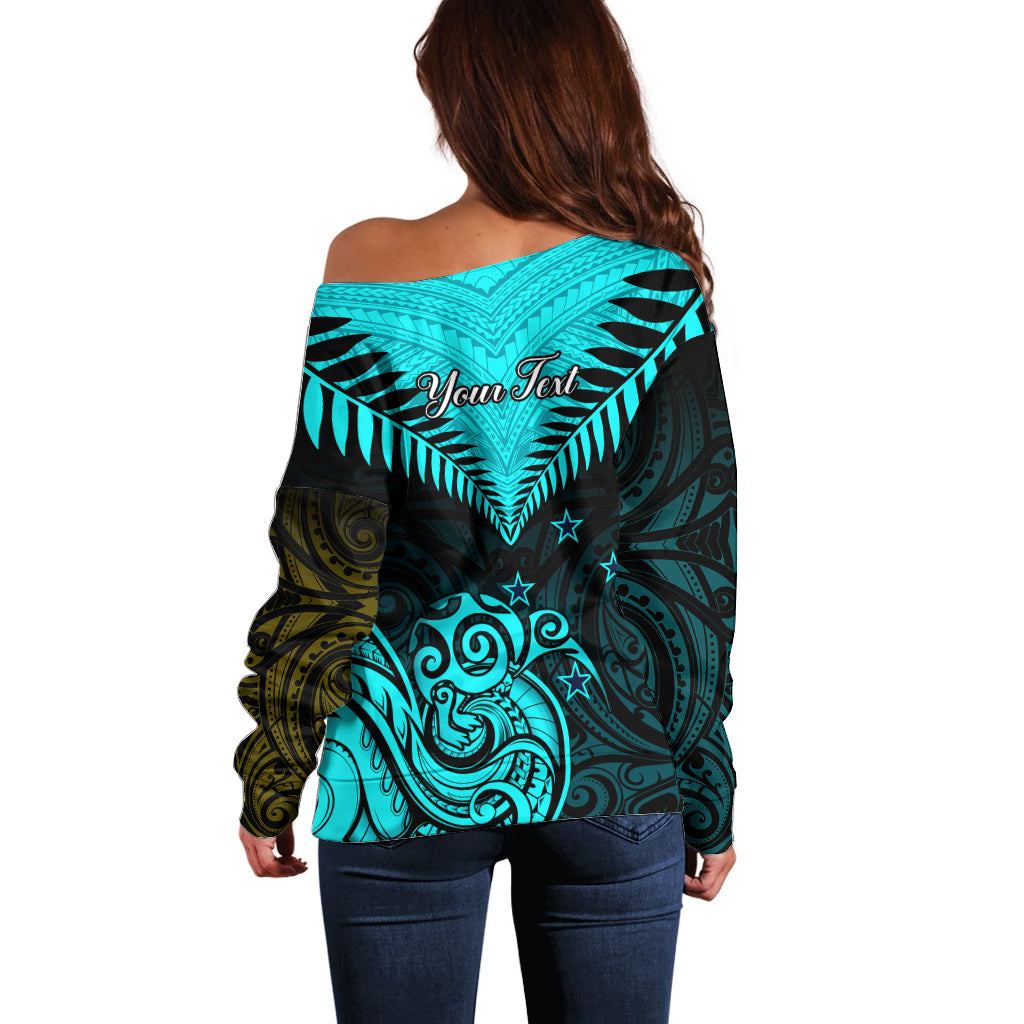 Personalised Aotearoa Off Shoulder Sweater Maori Kiwi Turquoise Fern - Wonder Print Shop