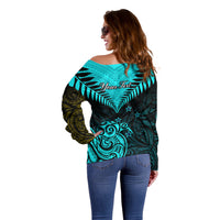 Personalised Aotearoa Off Shoulder Sweater Maori Kiwi Turquoise Fern - Wonder Print Shop