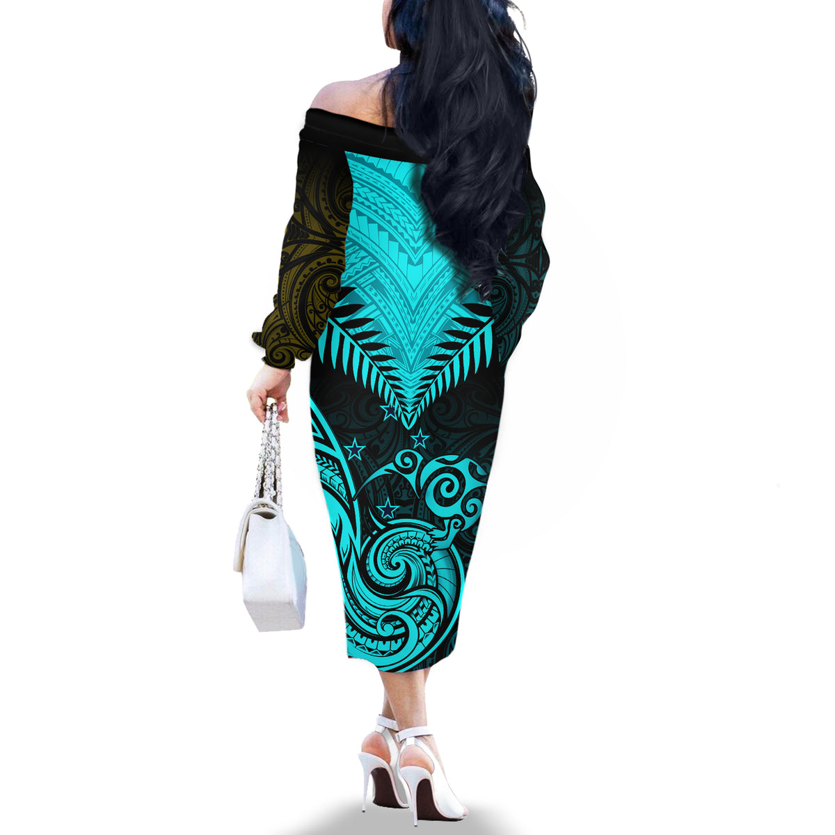 Personalised Aotearoa Off The Shoulder Long Sleeve Dress Maori Kiwi Turquoise Fern - Wonder Print Shop