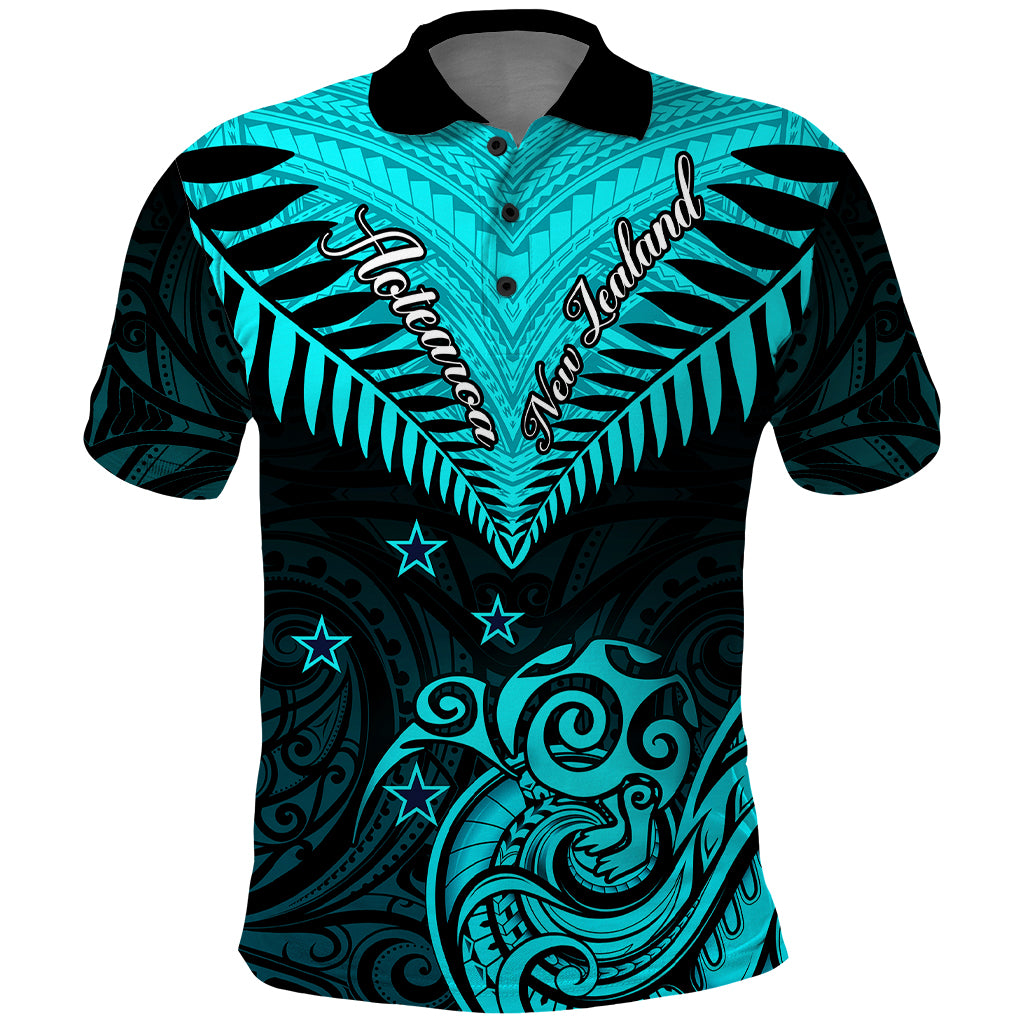 Personalised Aotearoa Polo Shirt Maori Kiwi Turquoise Fern - Wonder Print Shop