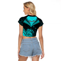 Personalised Aotearoa Raglan Cropped T Shirt Maori Kiwi Turquoise Fern - Wonder Print Shop