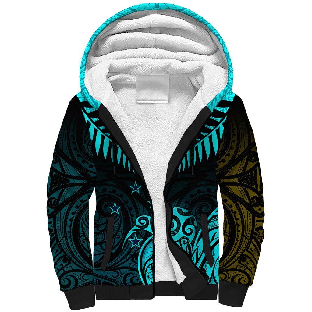 Personalised Aotearoa Sherpa Hoodie Maori Kiwi Turquoise Fern - Wonder Print Shop