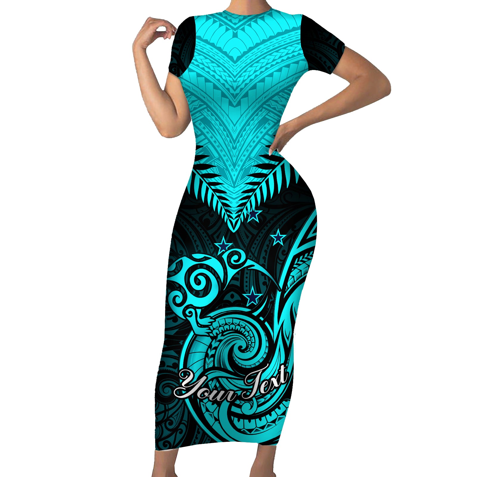 Personalised Aotearoa Short Sleeve Bodycon Dress Maori Kiwi Turquoise Fern - Wonder Print Shop
