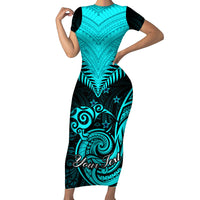 Personalised Aotearoa Short Sleeve Bodycon Dress Maori Kiwi Turquoise Fern - Wonder Print Shop