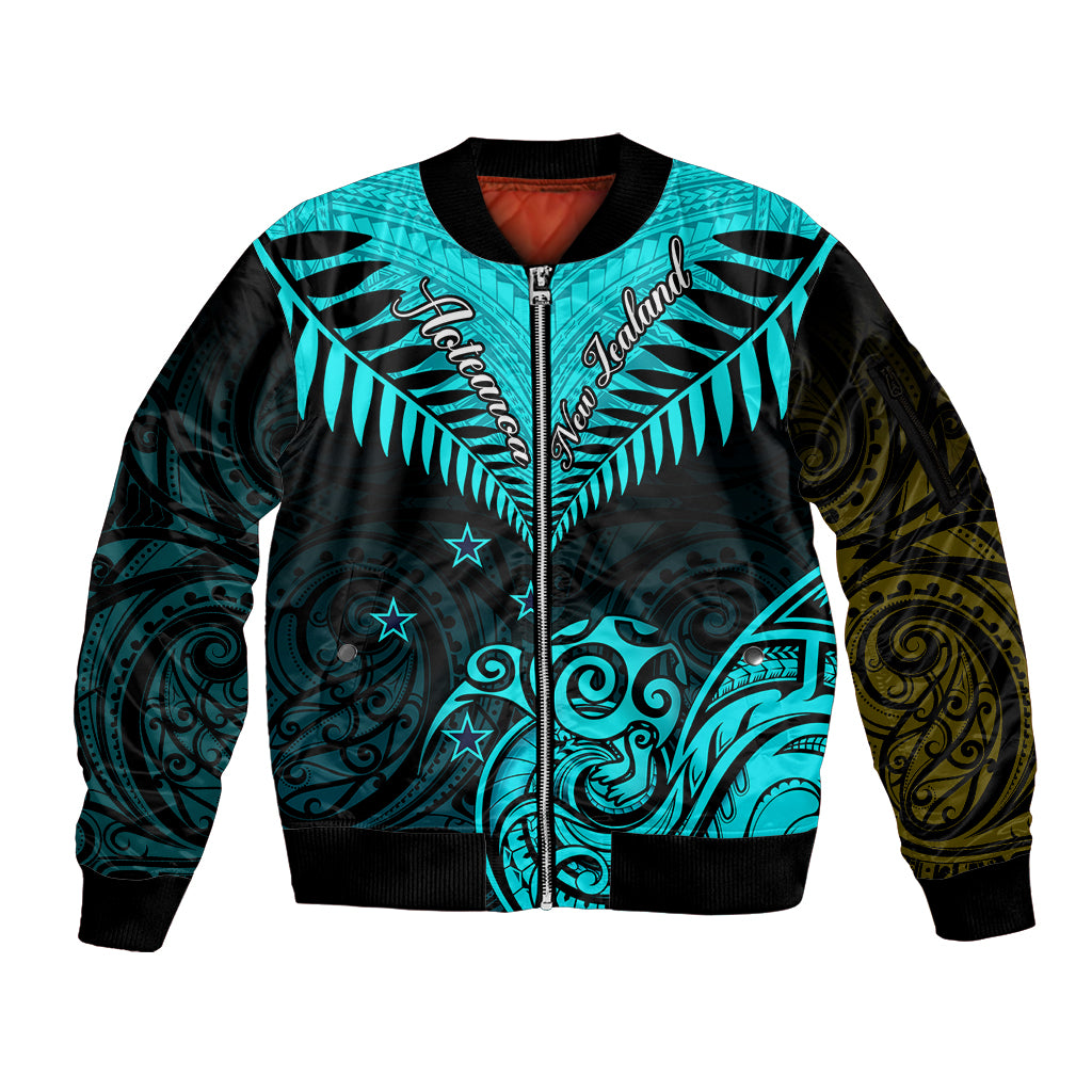 Personalised Aotearoa Sleeve Zip Bomber Jacket Maori Kiwi Turquoise Fern - Wonder Print Shop