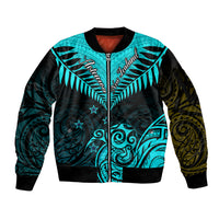 Personalised Aotearoa Sleeve Zip Bomber Jacket Maori Kiwi Turquoise Fern - Wonder Print Shop