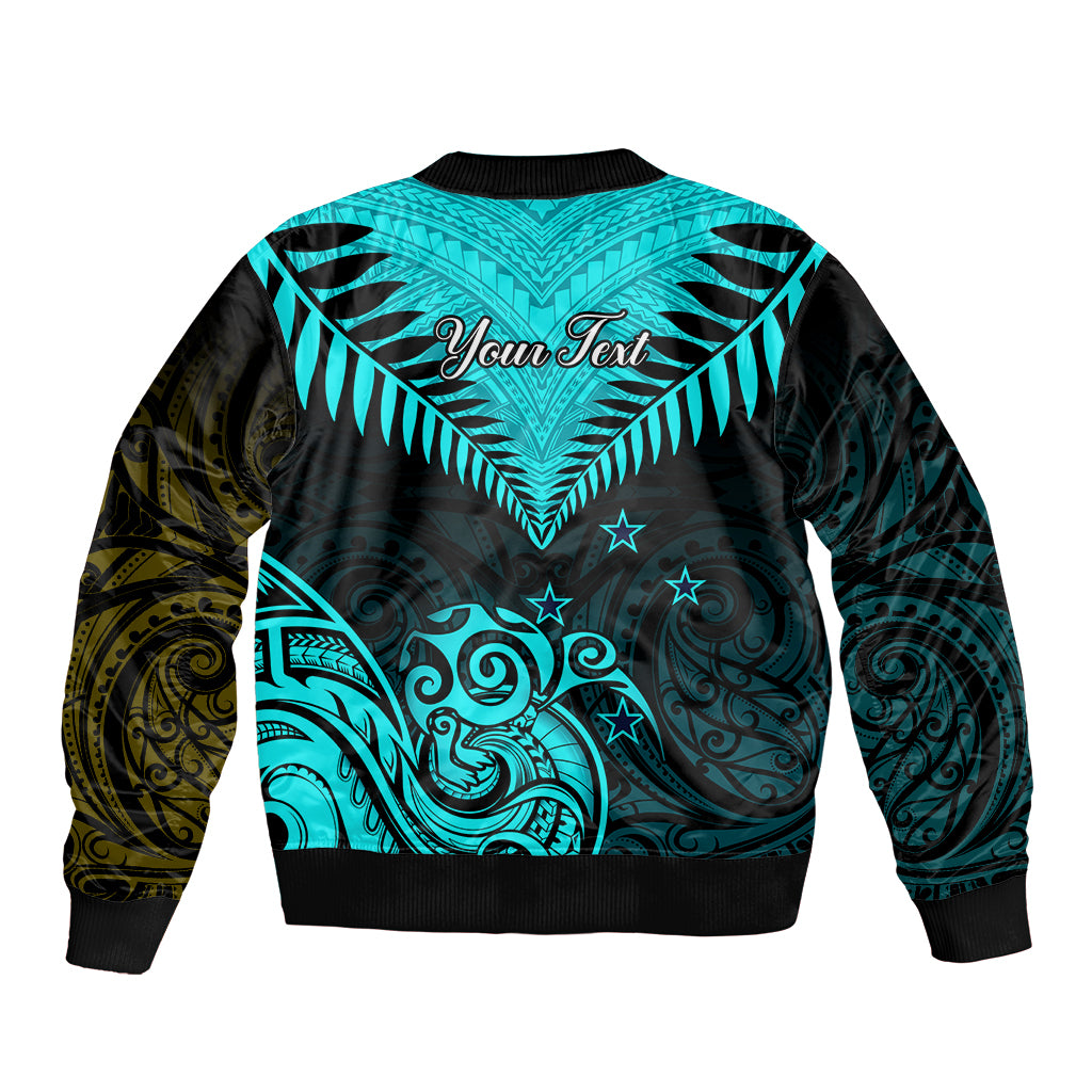 Personalised Aotearoa Sleeve Zip Bomber Jacket Maori Kiwi Turquoise Fern - Wonder Print Shop