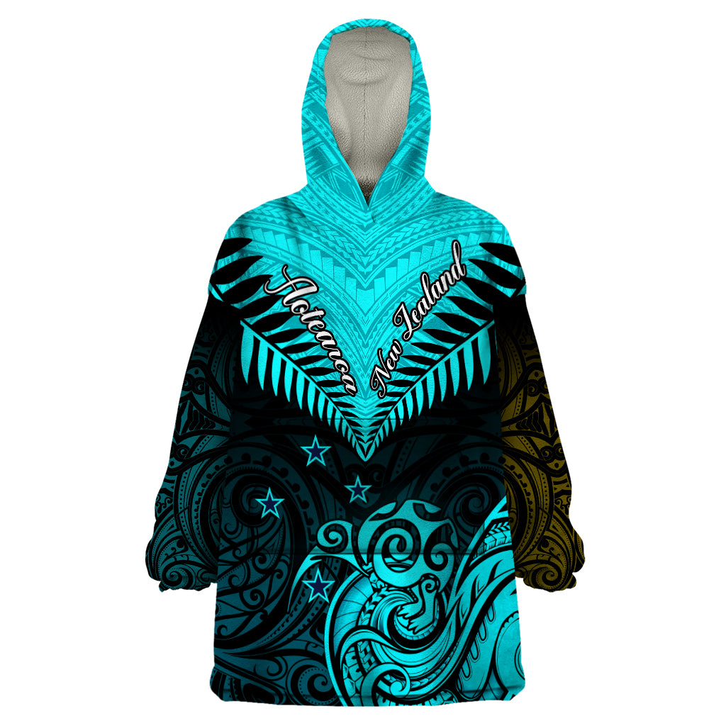 Personalised Aotearoa Wearable Blanket Hoodie Maori Kiwi Turquoise Fern - Wonder Print Shop