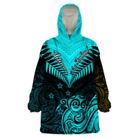 Personalised Aotearoa Wearable Blanket Hoodie Maori Kiwi Turquoise Fern - Wonder Print Shop