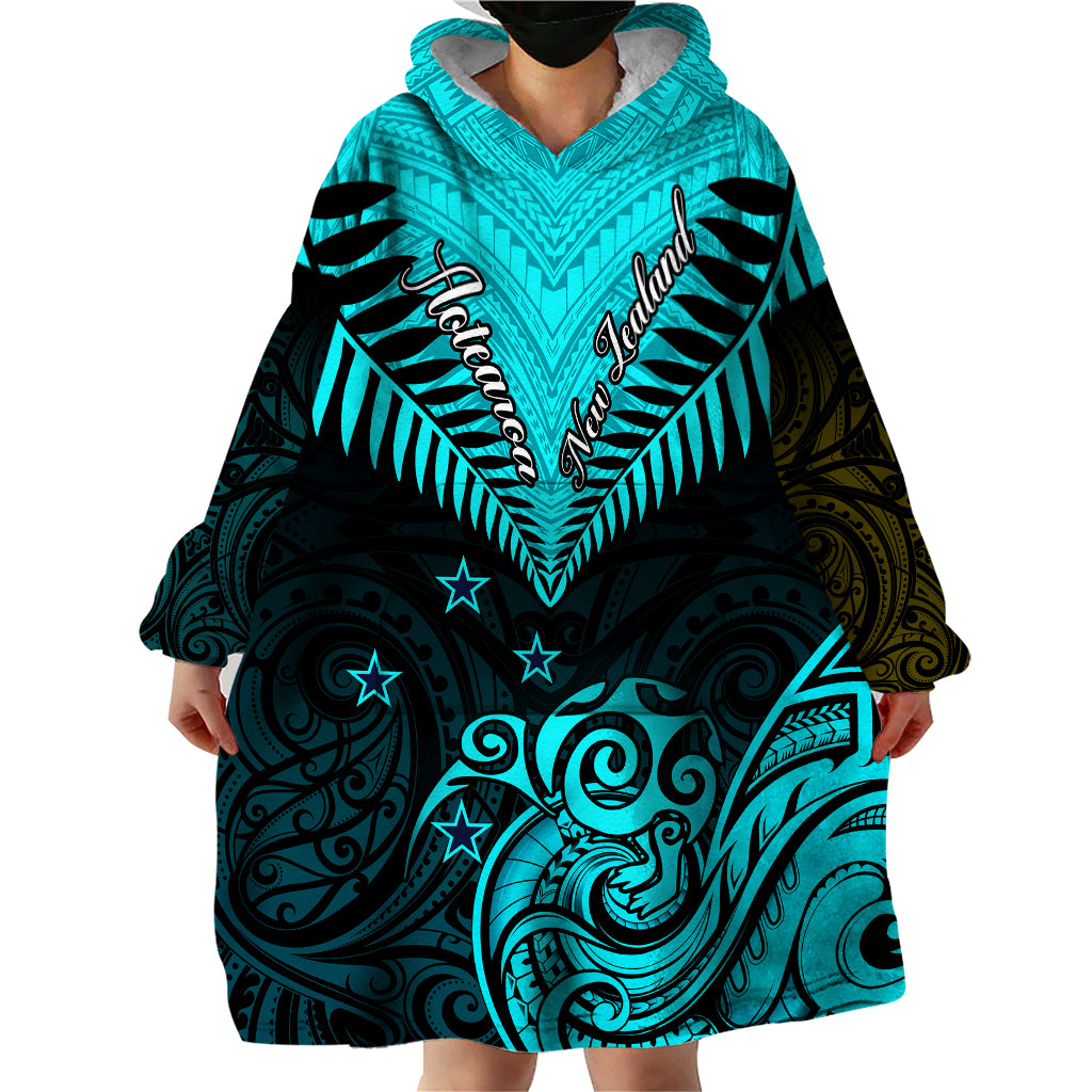 Personalised Aotearoa Wearable Blanket Hoodie Maori Kiwi Turquoise Fern - Wonder Print Shop