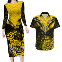 Personalised Aotearoa Couples Matching Long Sleeve Bodycon Dress and Hawaiian Shirt Maori Kiwi Yellow Fern - Wonder Print Shop