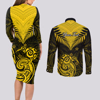 Personalised Aotearoa Couples Matching Long Sleeve Bodycon Dress and Long Sleeve Button Shirts Maori Kiwi Yellow Fern - Wonder Print Shop