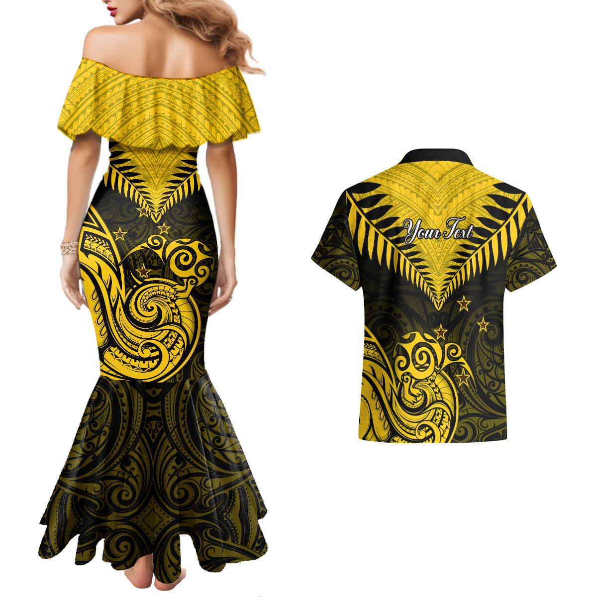 Personalised Aotearoa Couples Matching Mermaid Dress And Hawaiian Shirt Maori Kiwi Yellow Fern - Wonder Print Shop