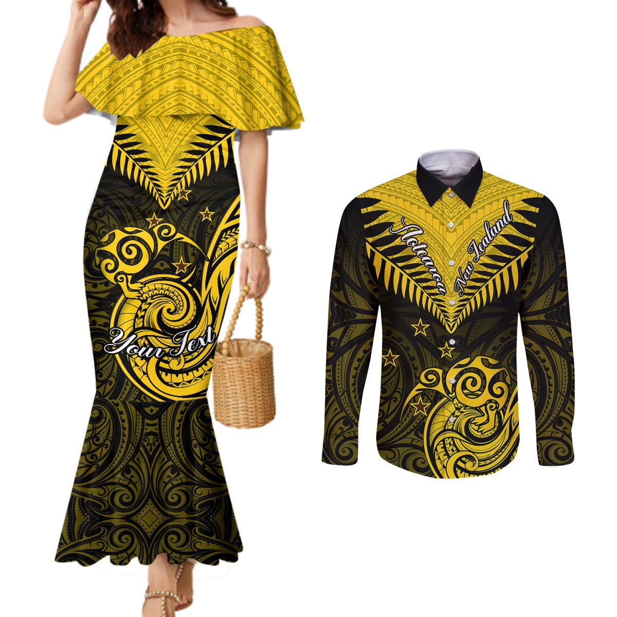 personalised-aotearoa-couples-matching-mermaid-dress-and-long-sleeve-button-shirts-maori-kiwi-yellow-fern
