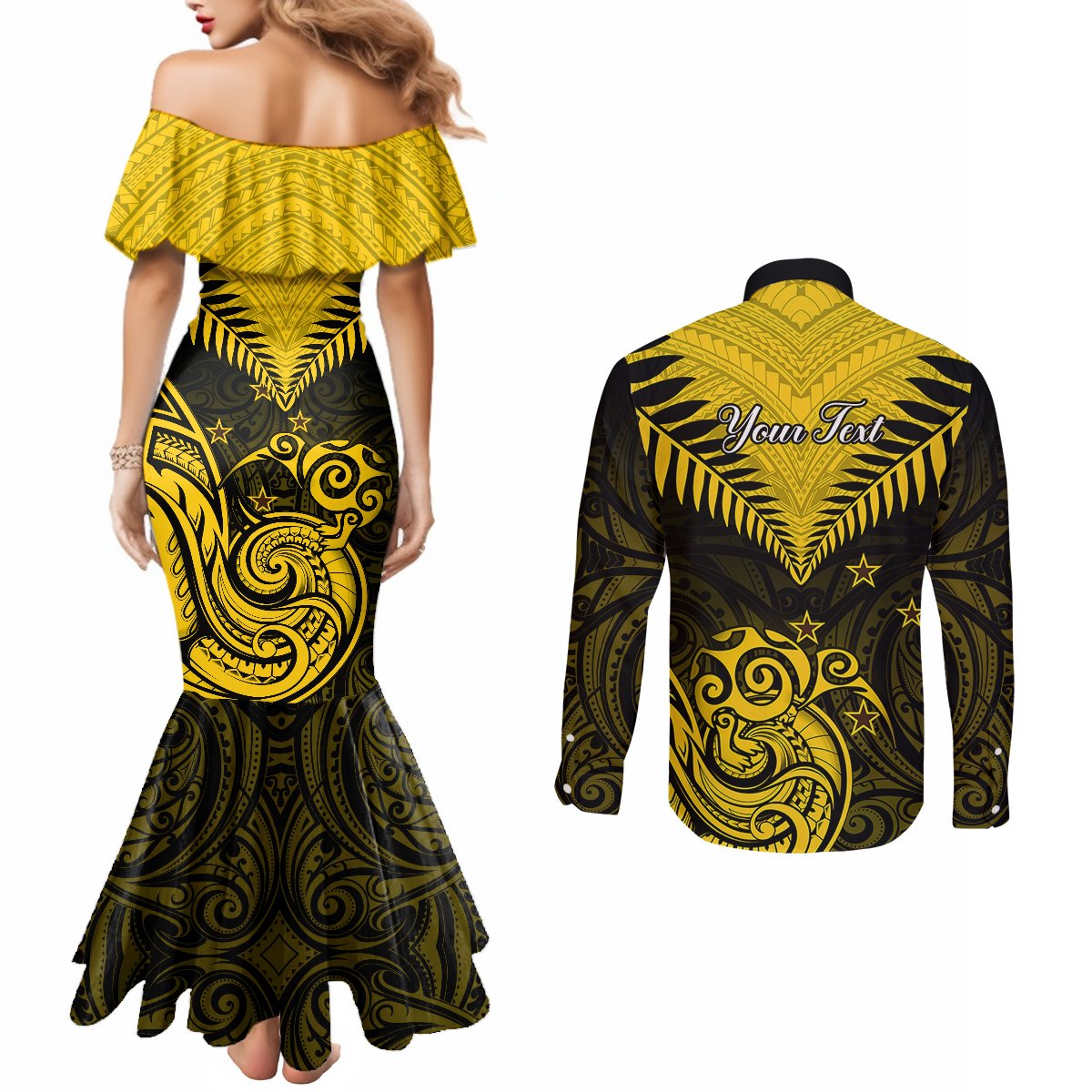 personalised-aotearoa-couples-matching-mermaid-dress-and-long-sleeve-button-shirts-maori-kiwi-yellow-fern