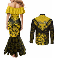 personalised-aotearoa-couples-matching-mermaid-dress-and-long-sleeve-button-shirts-maori-kiwi-yellow-fern