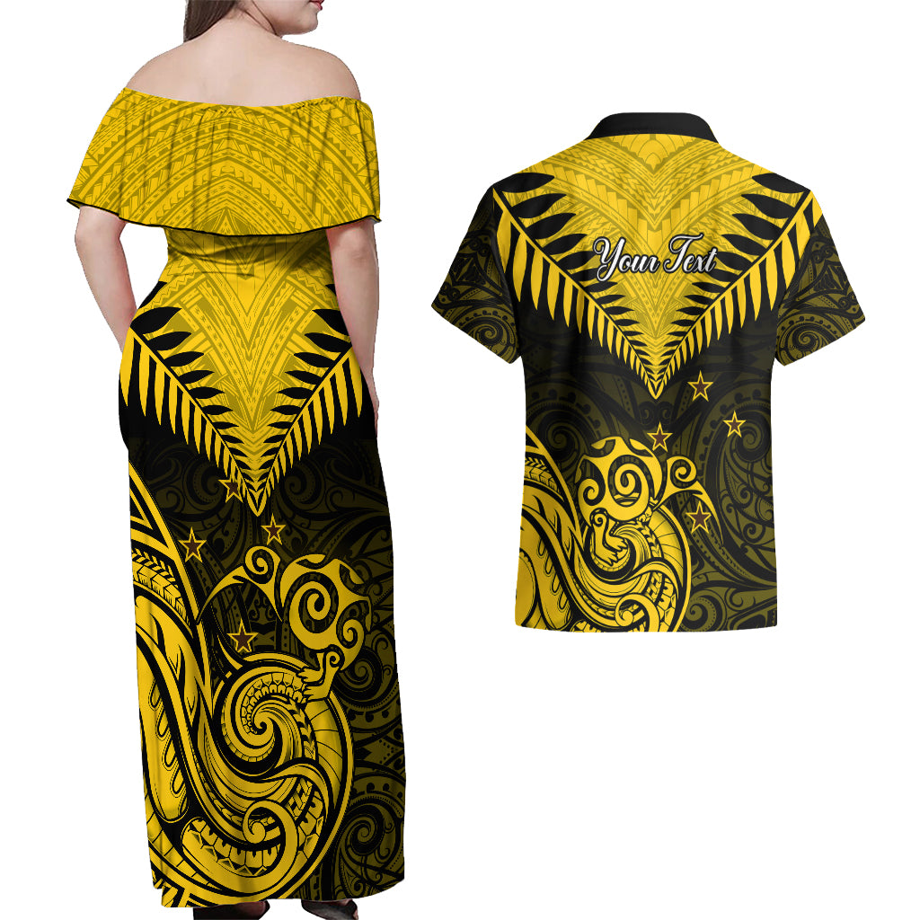 Personalised Aotearoa Couples Matching Off Shoulder Maxi Dress and Hawaiian Shirt Maori Kiwi Yellow Fern - Wonder Print Shop