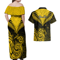 Personalised Aotearoa Couples Matching Off Shoulder Maxi Dress and Hawaiian Shirt Maori Kiwi Yellow Fern - Wonder Print Shop