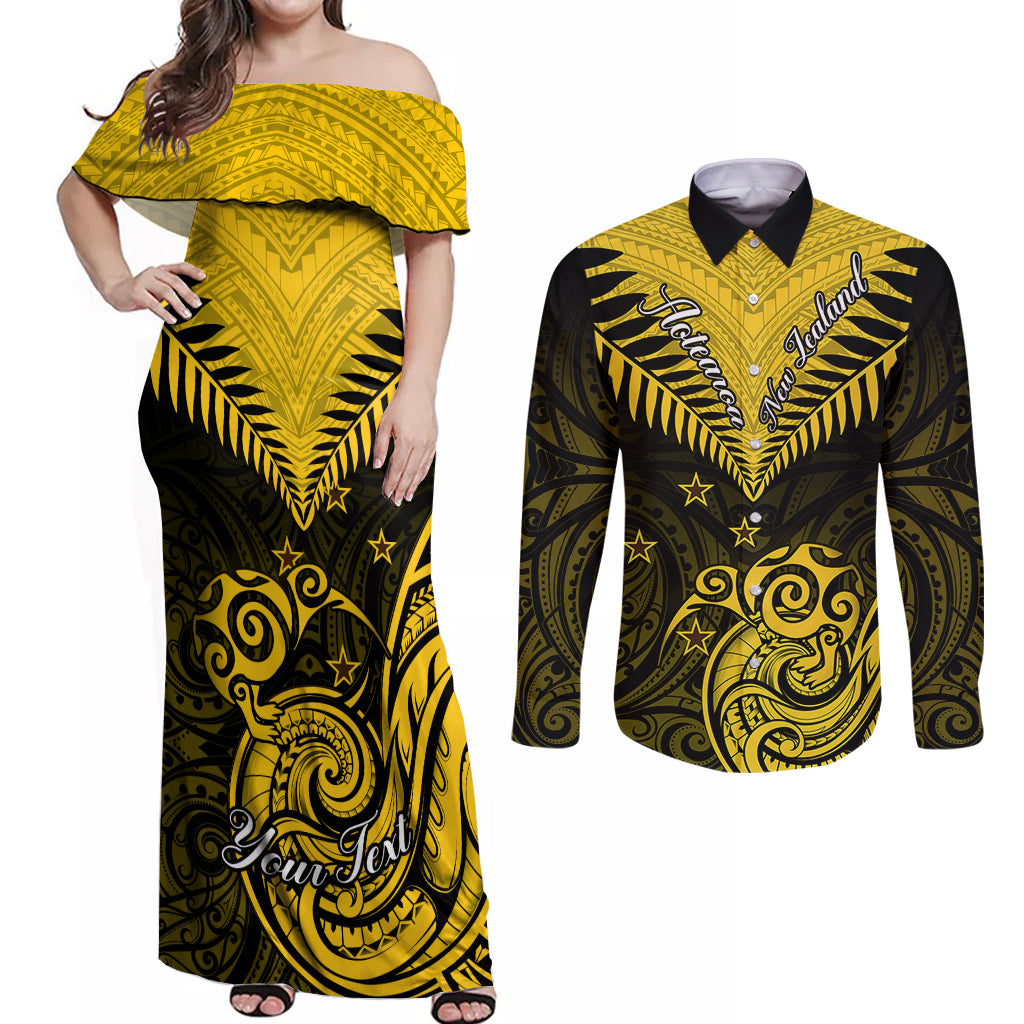 Personalised Aotearoa Couples Matching Off Shoulder Maxi Dress and Long Sleeve Button Shirts Maori Kiwi Yellow Fern - Wonder Print Shop