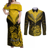 Personalised Aotearoa Couples Matching Off Shoulder Maxi Dress and Long Sleeve Button Shirts Maori Kiwi Yellow Fern - Wonder Print Shop