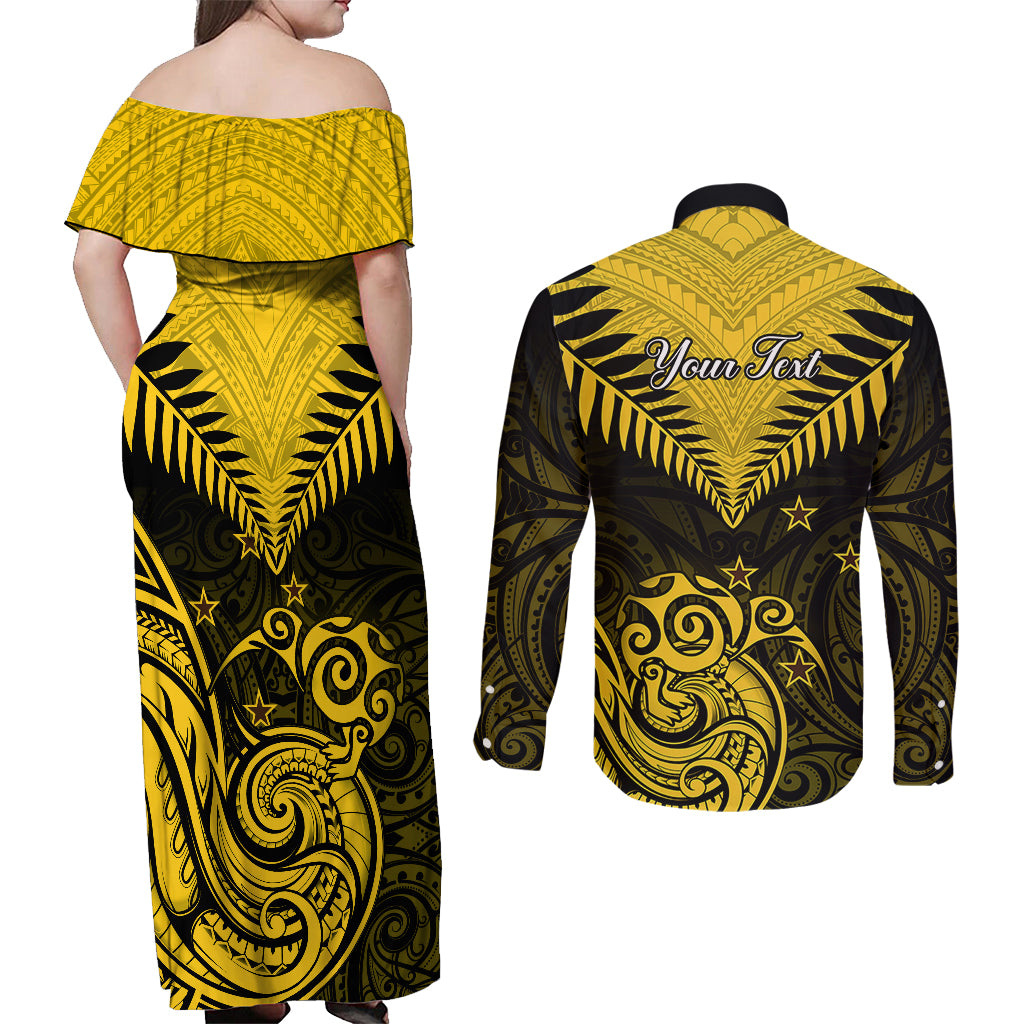 Personalised Aotearoa Couples Matching Off Shoulder Maxi Dress and Long Sleeve Button Shirts Maori Kiwi Yellow Fern - Wonder Print Shop