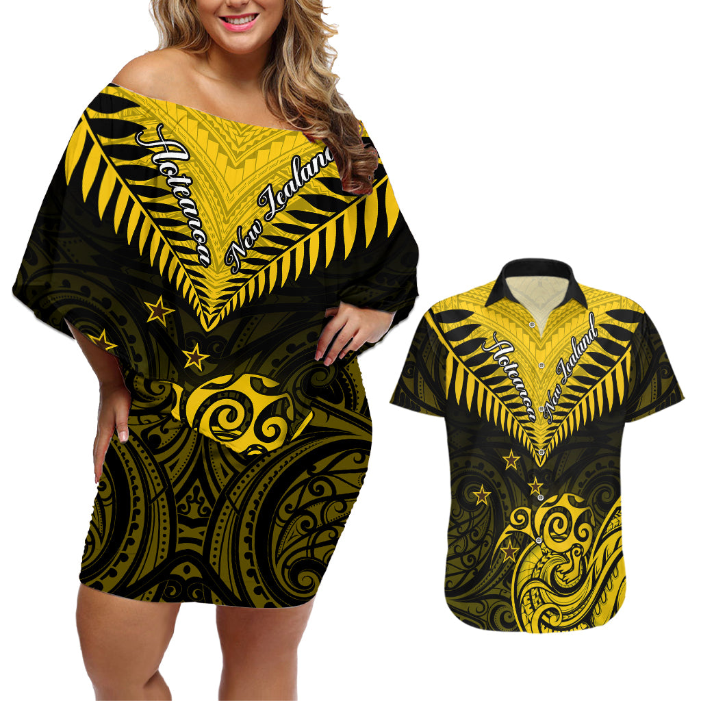 Personalised Aotearoa Couples Matching Off Shoulder Short Dress and Hawaiian Shirt Maori Kiwi Yellow Fern - Wonder Print Shop