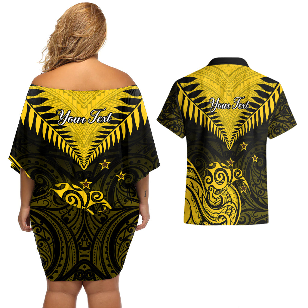 Personalised Aotearoa Couples Matching Off Shoulder Short Dress and Hawaiian Shirt Maori Kiwi Yellow Fern - Wonder Print Shop