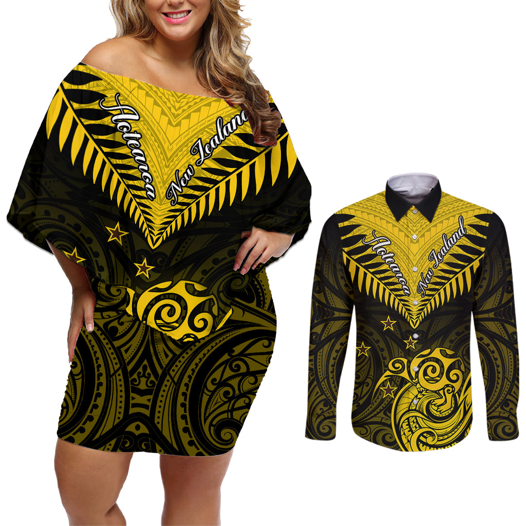 Personalised Aotearoa Couples Matching Off Shoulder Short Dress and Long Sleeve Button Shirts Maori Kiwi Yellow Fern - Wonder Print Shop