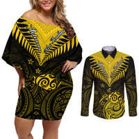 Personalised Aotearoa Couples Matching Off Shoulder Short Dress and Long Sleeve Button Shirts Maori Kiwi Yellow Fern - Wonder Print Shop